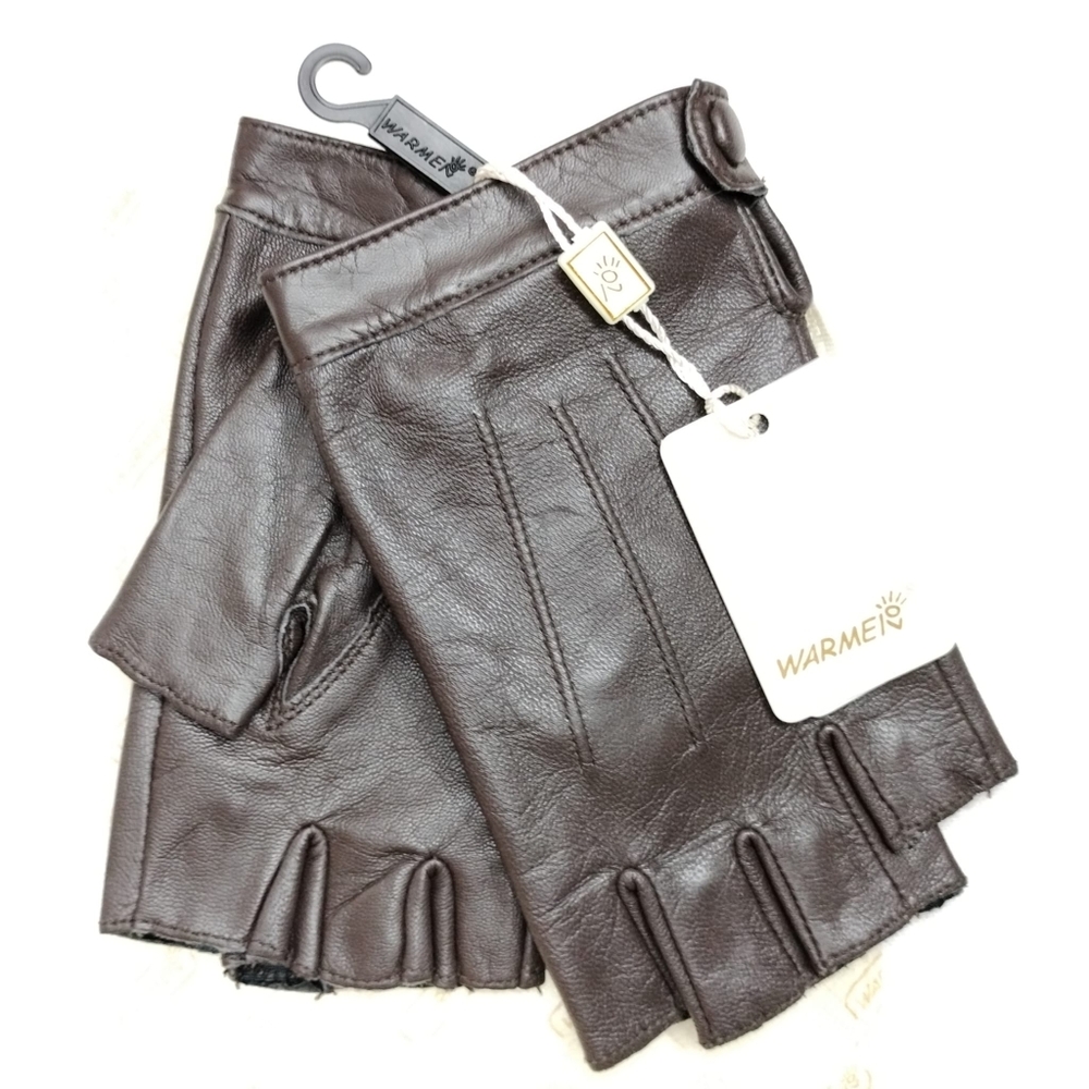 Womens Genuine Sheepskin Leather Half Finger Driving Gloves Size M Brown